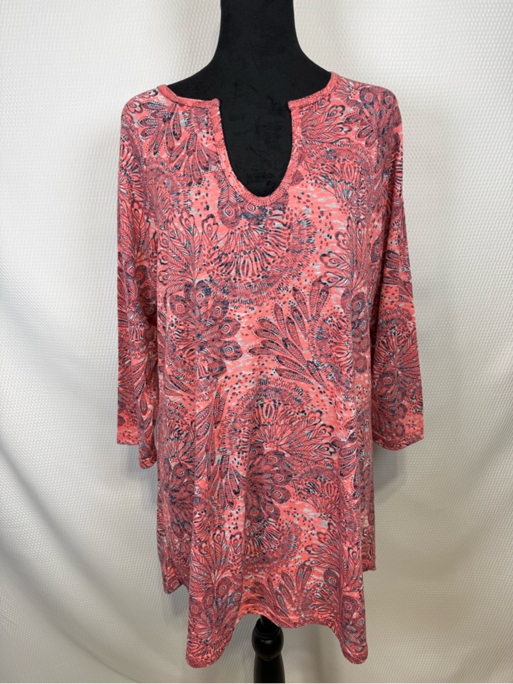 Allen Allen USA Coral Paisley Peacock‎ Print V-Neck Tunic Top Large Womens